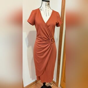 Coral Terracotta Rust Midi Wrap Ruched Dress Vneck Size L Short Sleeve Cocktail